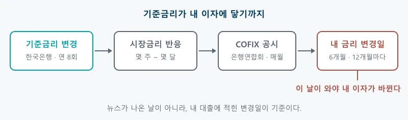 기준금리 변경이 시장금리와 COFIX 공시를 거쳐 내 금리 변경일에 반영되는 순서를 보여주는 도식