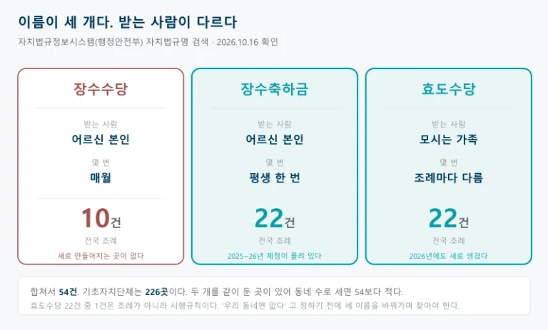 장수축하금과 장수수당, 효도수당을 세 칸으로 나누어 장수수당은 본인에게 매월 조례 10건, 장수축하금은 본인에게 평생 한 번 조례 22건, 효도수당은 모시는 가족에게 조례 22건이 있고 새로 만들어지는 쪽은 장수축하금과 효도수당이라는 것을 보여주는 비교표